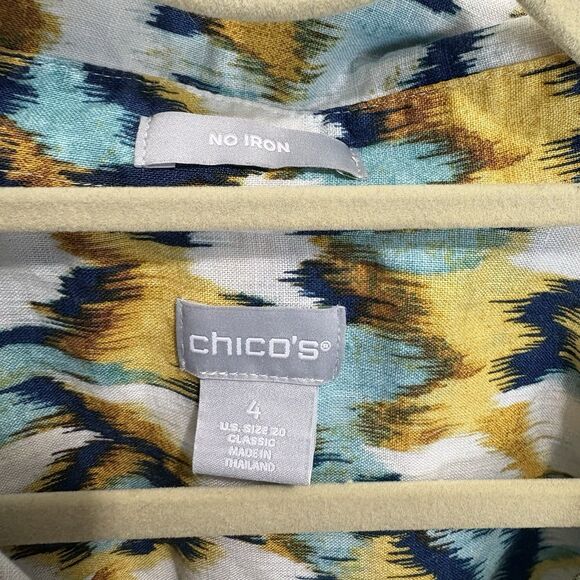 Chico's No-Iron Colorful Ikat Print Linen Long Sleeve Button-Down Shirt Sz 4/20 - Picture 5 of 9